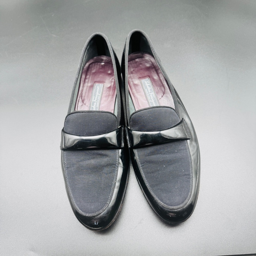 Salvatore Ferragamo Loafers Mens 10 Black Patent Leather Grosgrain Tuxedo Shoes